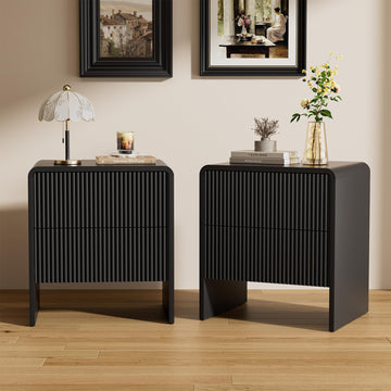 Set of 2 Modern Curved Nightstand with 2 Drawers, Push-to-Open Wooden Bedside Table, Minimalist End Table, Black