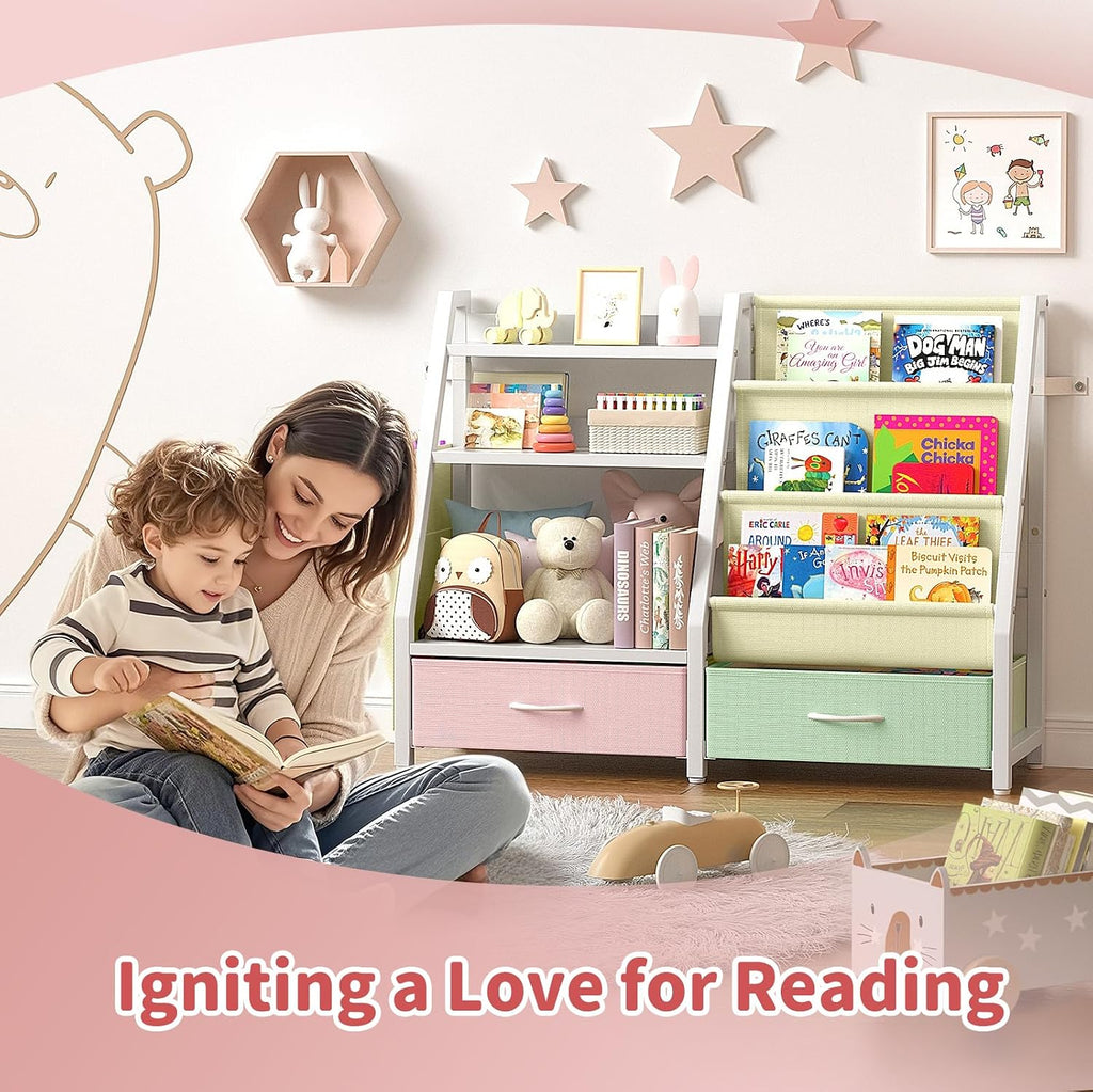 3 Tier Kids Bookshelf and Toy Organizer | 32.4"x11.8"x29.9", 3 Sling Pockets, 2 Bottom Drawers, Large Capacity Bins
