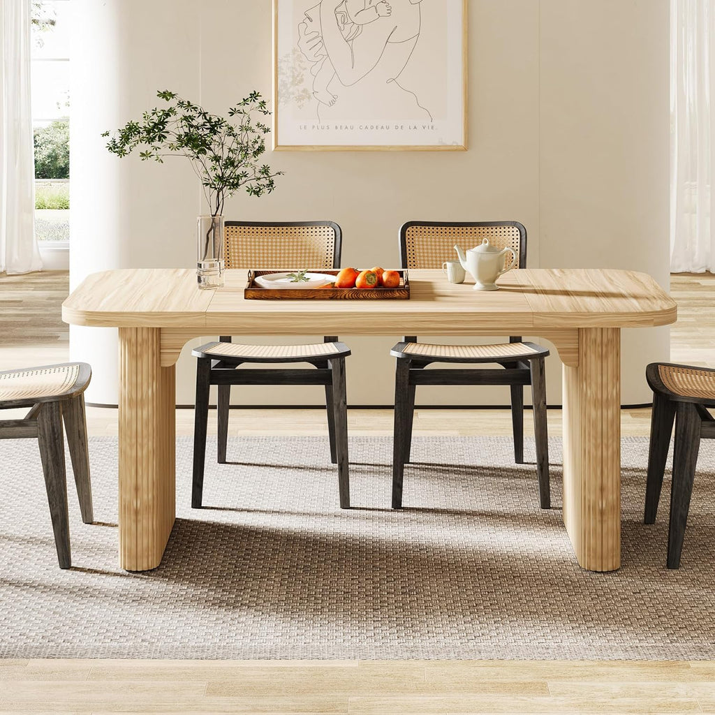 Modern Dining Table for 6 People, 62-Inch Natural Wood Kitchen Table with Double Robust Pedestal, Long Rectangle