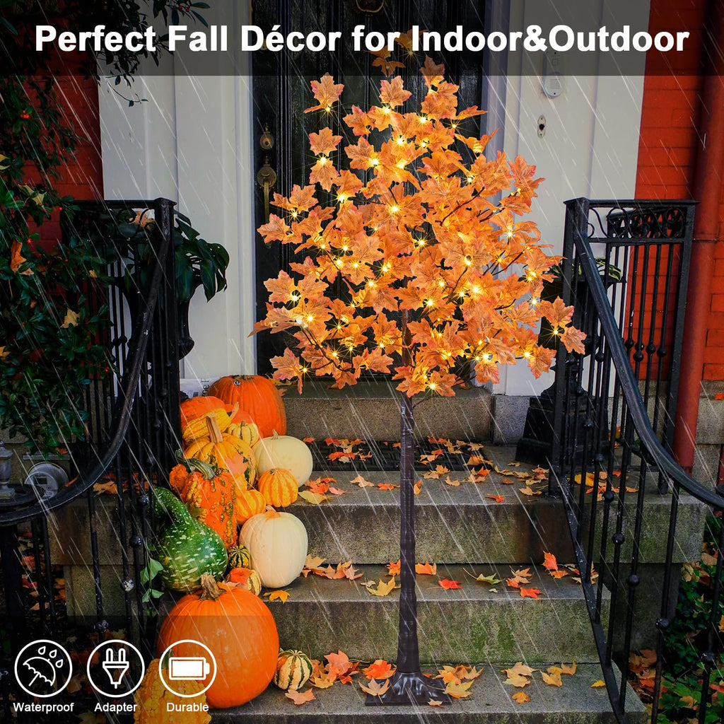 6FT Artificial Lighted Maple Tree Warm White Fall Decorations Indoor Ourdoor, Orange