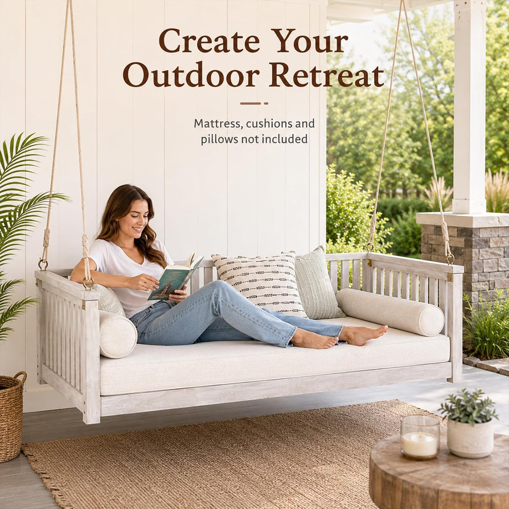 Outdoor Porch Swing Bed, Twin Size Acacia Wood Hanging Daybed with Hemp Ropes, Minimalist Patio Swing Bed for Garden