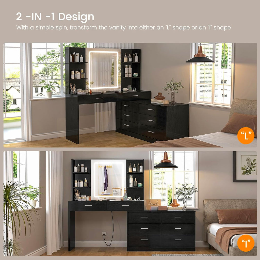 Vanity Desk with LED Lighted Mirror & Power Outlet, Modern Corner Makeup Vanity Table with 8 Drawers & Open Shelves