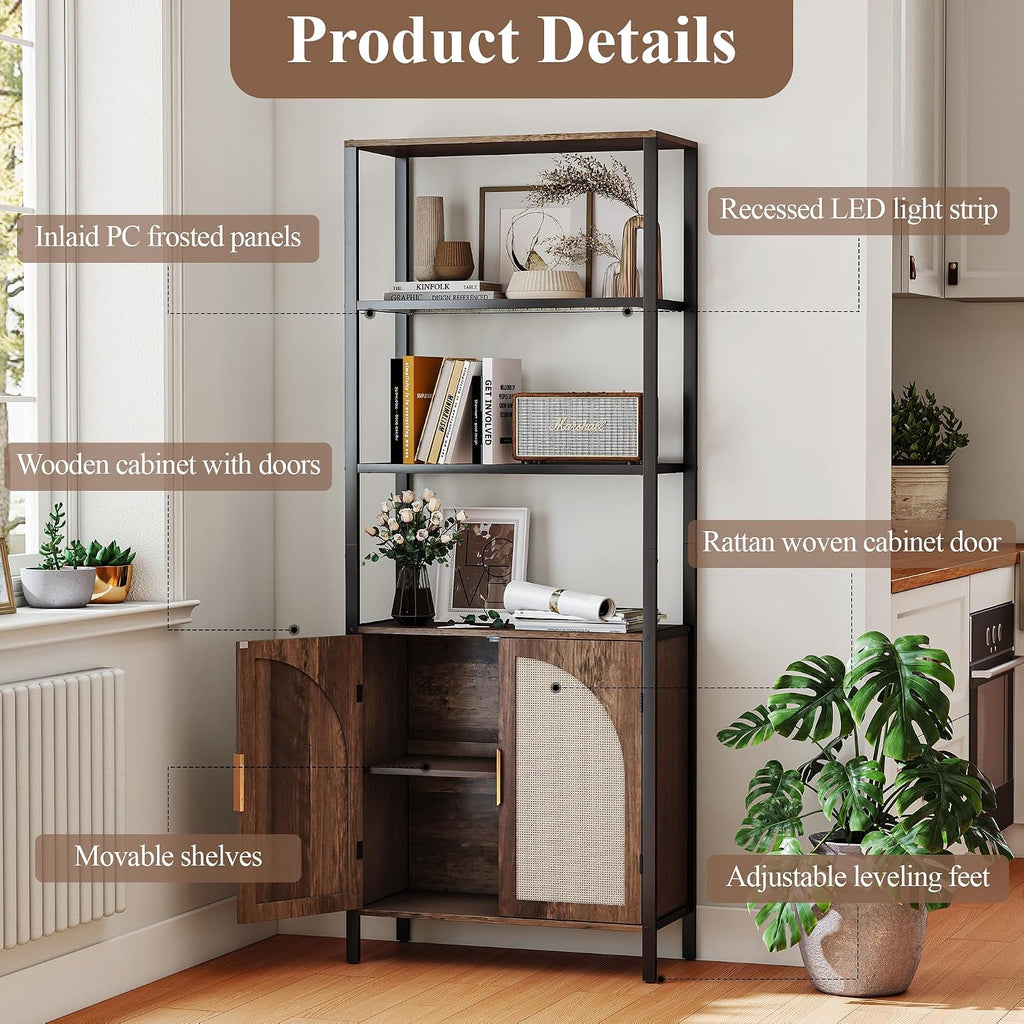 Rattan Bookshelf with Storage, Boho Bookcase with Wicker Doors, 71" Tall Book Shelf with LED Lights, Brown