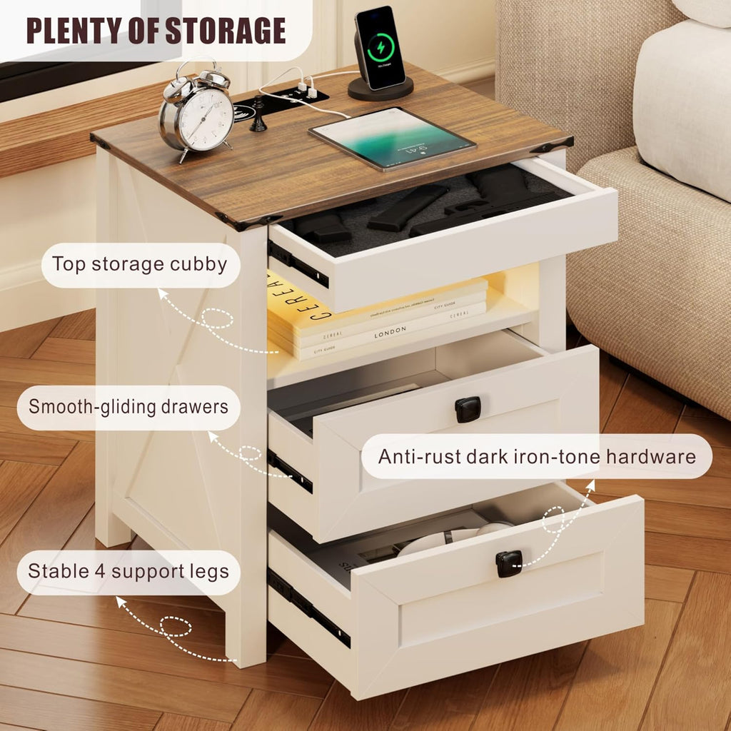 LED Nightstand Set of 2 with Gun Drawer: Bedside Table with Charging Station Furniture - Farmhouse Night Stand with 3