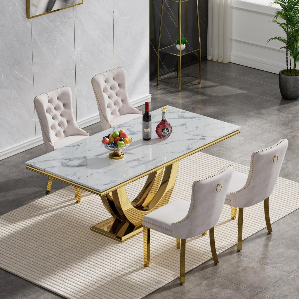 5-Piece White Marble Dining Table Set for 4, Modern 68inch Dining Table and Beige Velvet Dining Chairs Set of 4