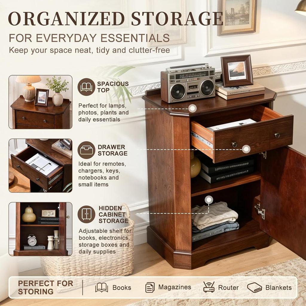 Farmhouse Accent Cabinet with Drawer and Door, Adjustable Shelf and Hidden Storage, Rustic Organizer , Walnut Finish