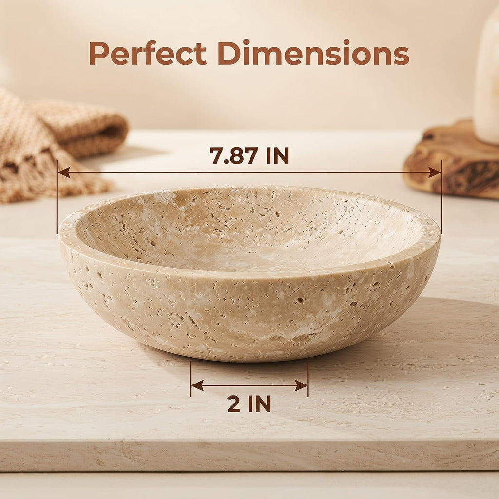 Large 7.87" Natural Travertine Stone Decorative Bowl, Beige Travertine Catchall Tray Decor, Coffee Table Centerpiece