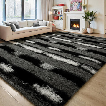 4x6 Fluffy Black and Grey Area Rug Striped