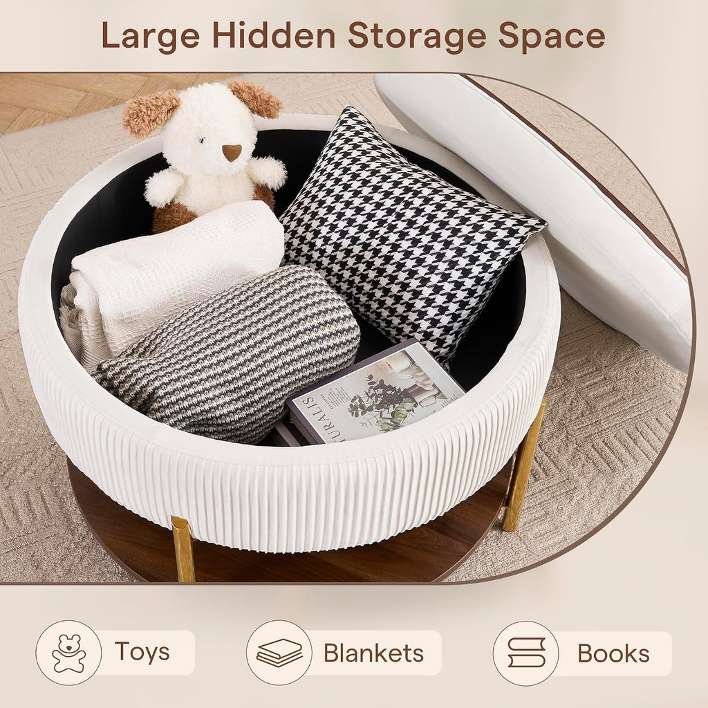 28.5 Inch Round Coffee Table Ottoman with Storgae | Modern Large Upholstered Circle Storgae Ottoman with Removable