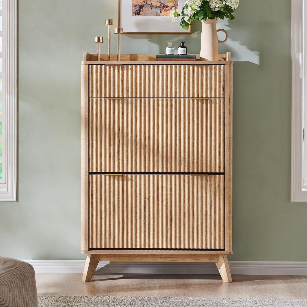 Fluted Shoe Storage Cabinet with 2 Flip Drawers & Top Drawer, 48" Tall Narrow Shoe Organizer, Curved Profile Design