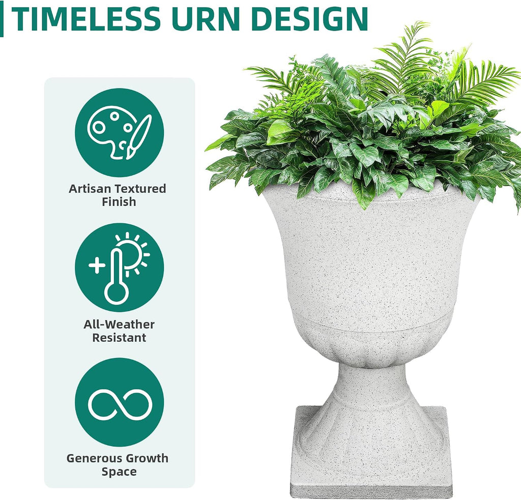 2-Pack 22" White Terrazzo Plastic Urn Planters with Drainage Holes | Set of 2 PP urn planters with white terrazzo