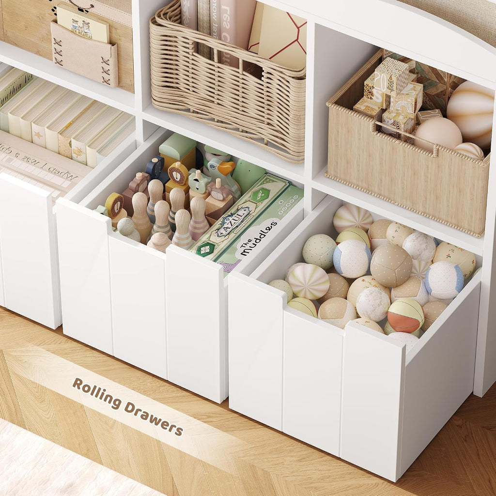 Kids Toy Storage Organizer with Bookshelf, Multifunctional Book Shelf with 3 Movable Toy Organizers for Kids Room