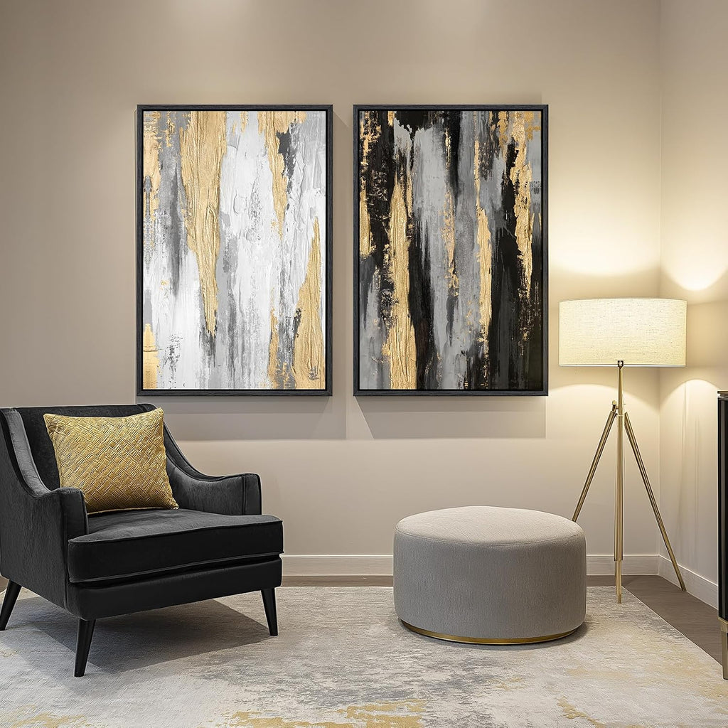 Large Framed Black and White Abstract Wall Art, Set of 2 Piece Minimalist Canvas Prints Paintings Artwork for Walls