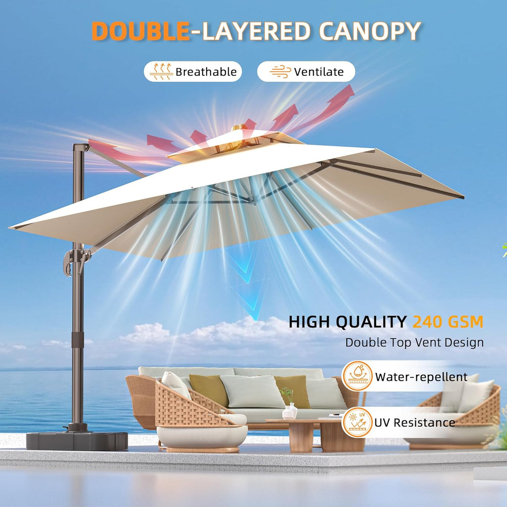 9' X 12' Cantilever Outdoor Patio Umbrellas Double Top Large Rectangle Umbrella Heavy Duty 360°Rotation Offset Umbrella