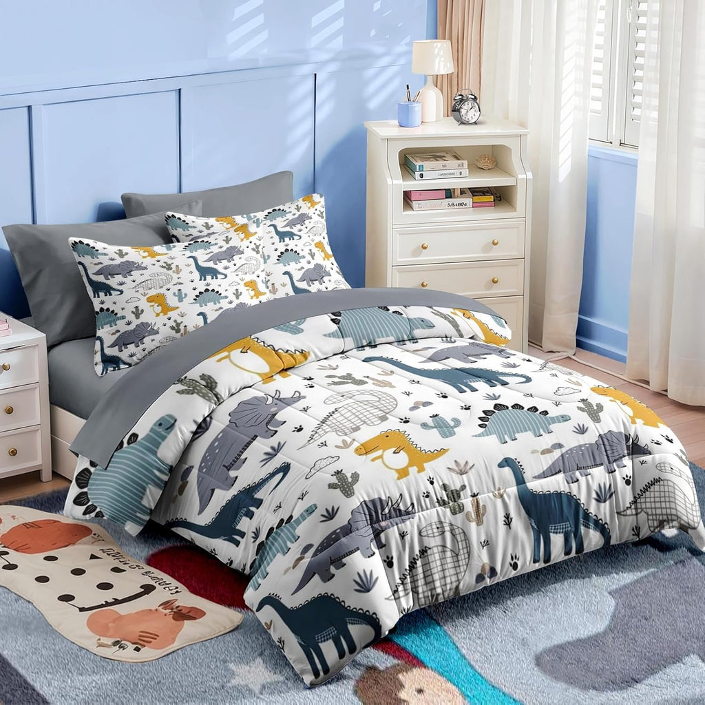 7 Pcs Comforter Set, Cute Dinosaur Dino Bedding for Kids Teen, Blue Yellow Dragon with Fitted Sheet 2