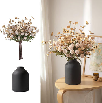 Beige Faux Flowers in Vase for Dining Table Centerpiece Decor | With Metal Vase 12 Stems of Fake Mums, Wax