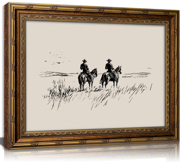 Vintage Gold Framed Canvas Wall Art Western Cowboy Sketch Painting Picture Wall Decor Rustic Minimalist Poster Print