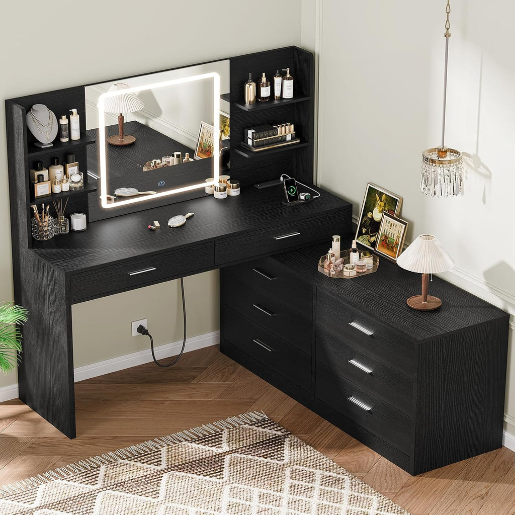 Vanity Desk with LED Lighted Mirror & Power Outlet, Modern Corner Makeup Vanity Table with 8 Drawers & Open Shelves