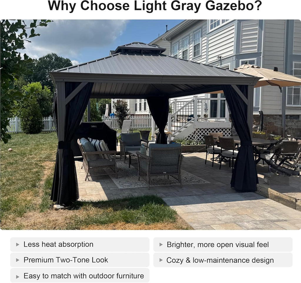 12' x 16' Hardtop Aluminum Gazebo with Double Metal Roof Heavy Duty Permanent Gazebo All Weather Outdoor Pavilion