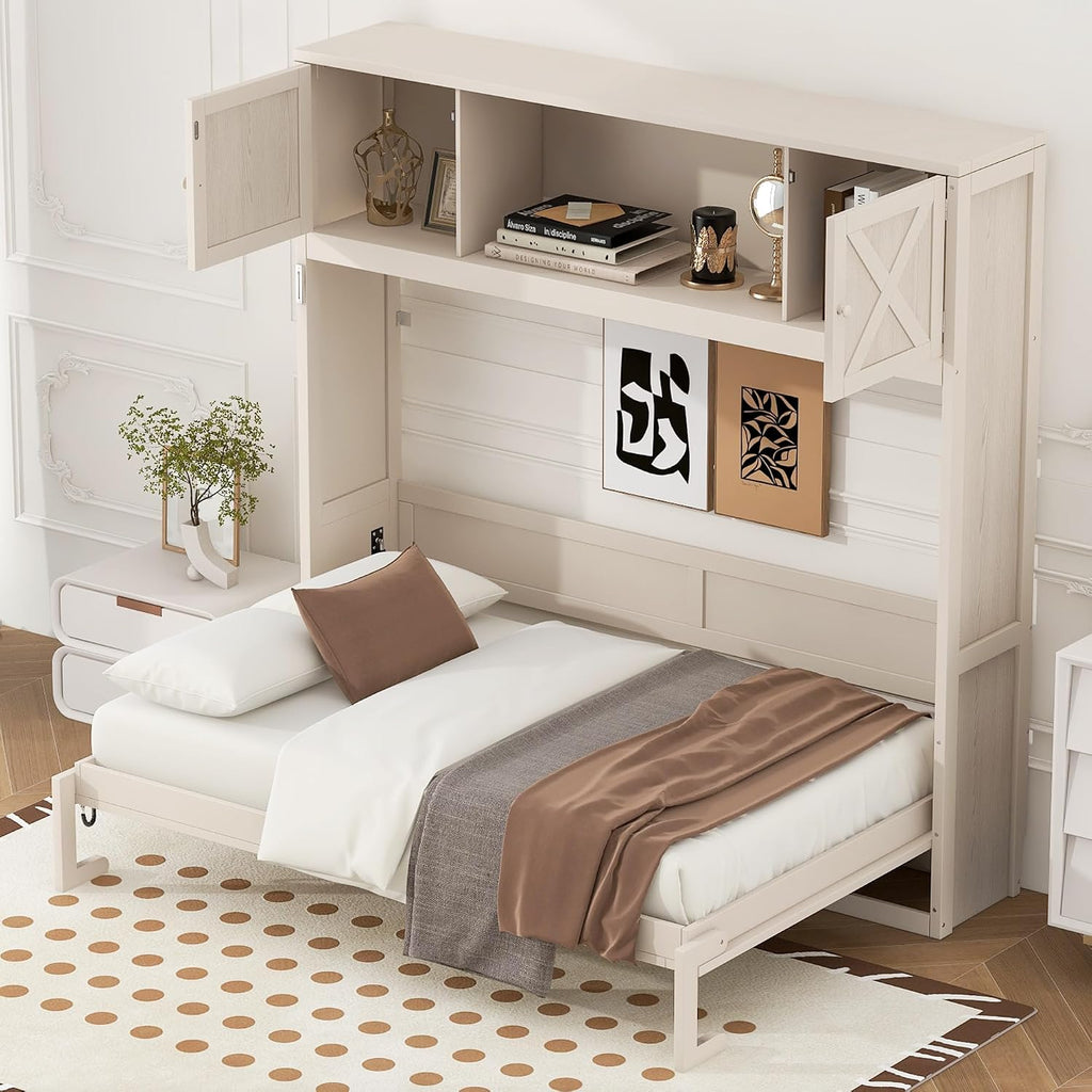 Full Murphy Bed with Storage Cabinets, Rustic Solid Wood Wall Bed with 3 Cabinet Shelves, Space Saving Foldable Bed
