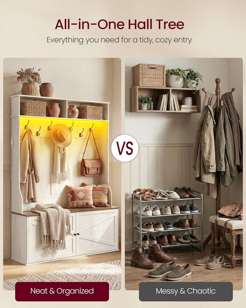 Hall Tree with Bench and Shoe Storage, 5-in-1 Coat Rack with Shoe Bench, Adjustable LED Light, 7 Double Hooks