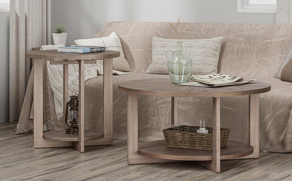Round Wood Coffee Tables with Storage, Rustic Farmhouse Coffee Table with Distressed Wood Top, Large Circle Table