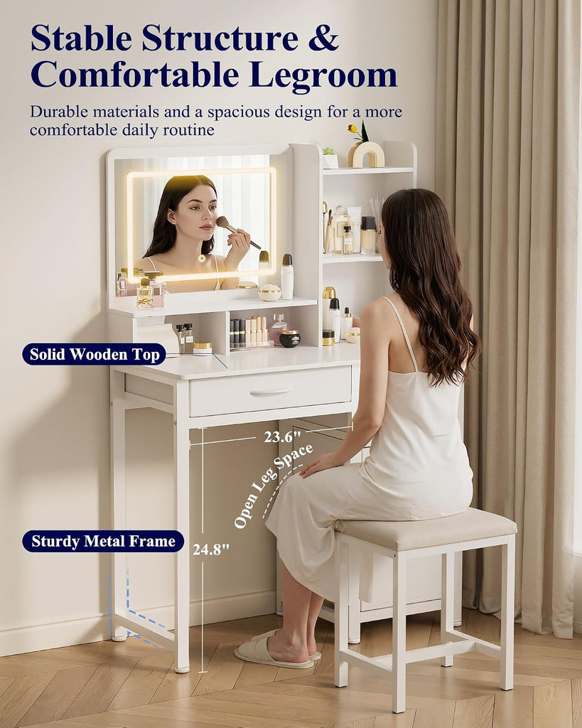 Vanity Desk with Mirror and Lights, Large Capacity, Fabric Drawers | Bedroom, Teens & Women, 3 Light Modes, 4 Fabric
