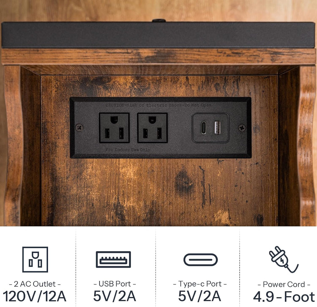Set of 2 End Tables, Side Table with Charging Station, Flip Top Nightstand with USB Ports and Outlets, Bedside Tables