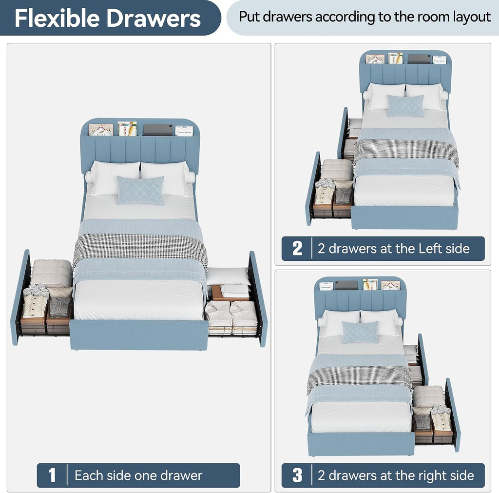 Twin Bed Frame for Kids, Boucle Upholstered Platform Bed for Boys with 2 Flexible Drawers, Bookcase Headboard
