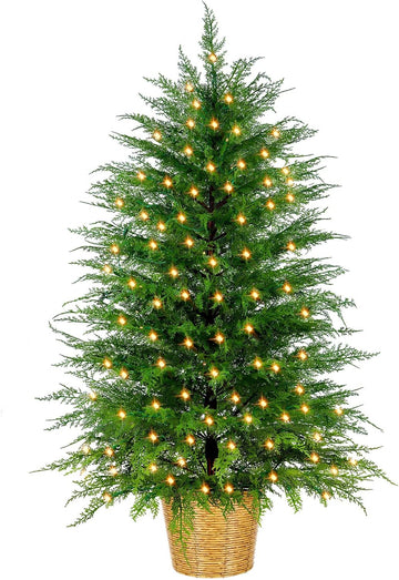 Prelit Artificial Cedar Christmas Tree with Lights Plug in Power, 3 to 5 ft, Faux Cedar Potted Christmas Tree in Decorative