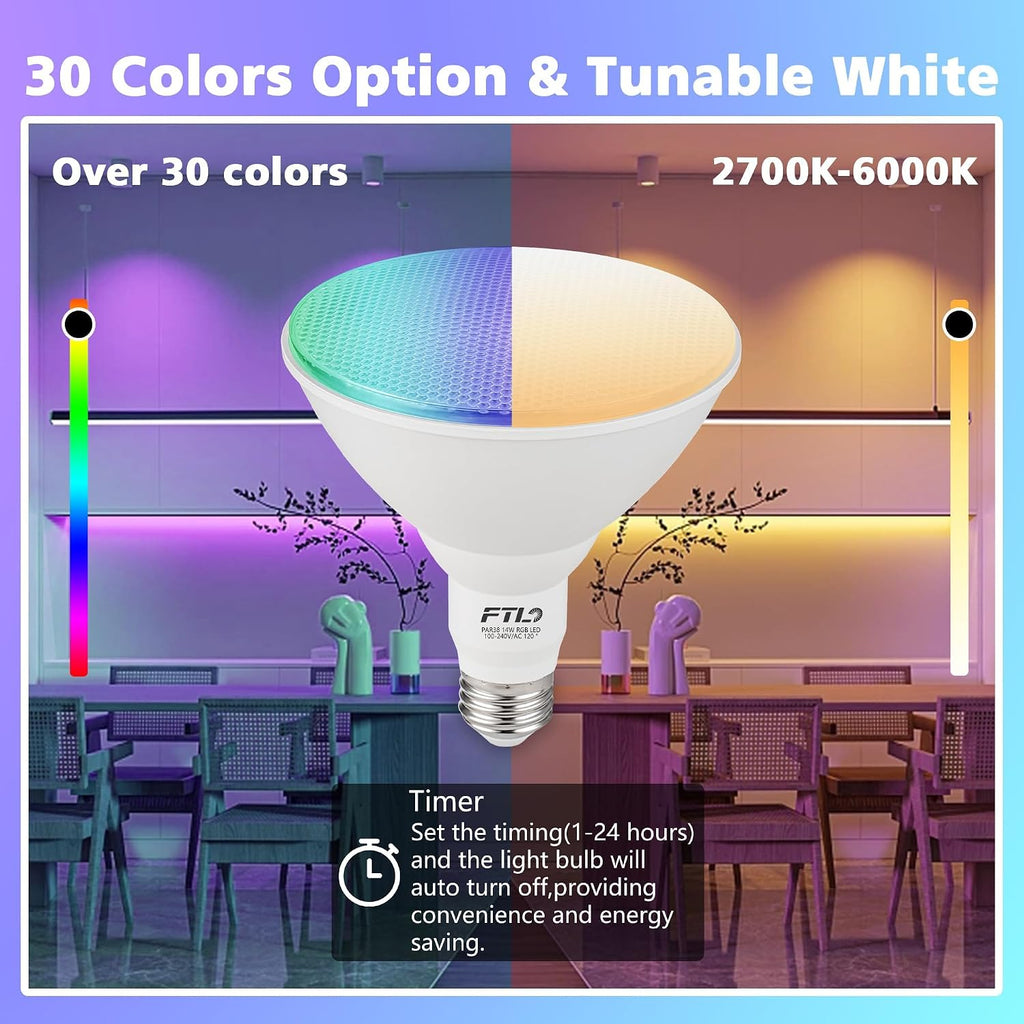 PAR38 LED Color Changing Flood Light Bulb with Remote Control, RGB Dimmable Colored Light Bulbs 14W=100W, 30 Colors