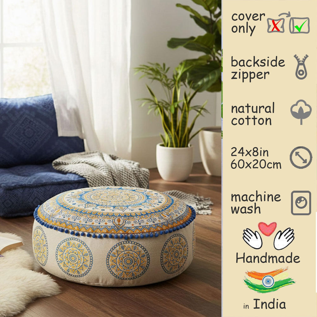Boho Floor Pillow Cover Round Moroccan Large Pouf Ottoman Room Décor Cushion for Meditation Yoga and Boho Chic