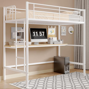 Loft Bed Twin with Desk, Metal Bedframe with Removable Ladder and Safety Guardrail, No Box Spring Needed, Space Saving