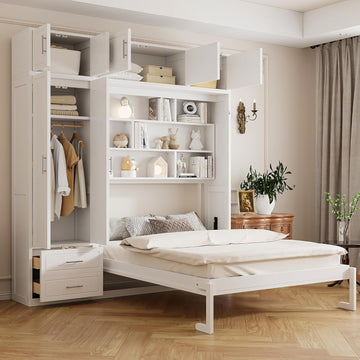 Queen Murphy Bed with Top Cabinet, Shelves and Wardrobe, Fold into The Wall, Space-Saving Design, Multifunctional