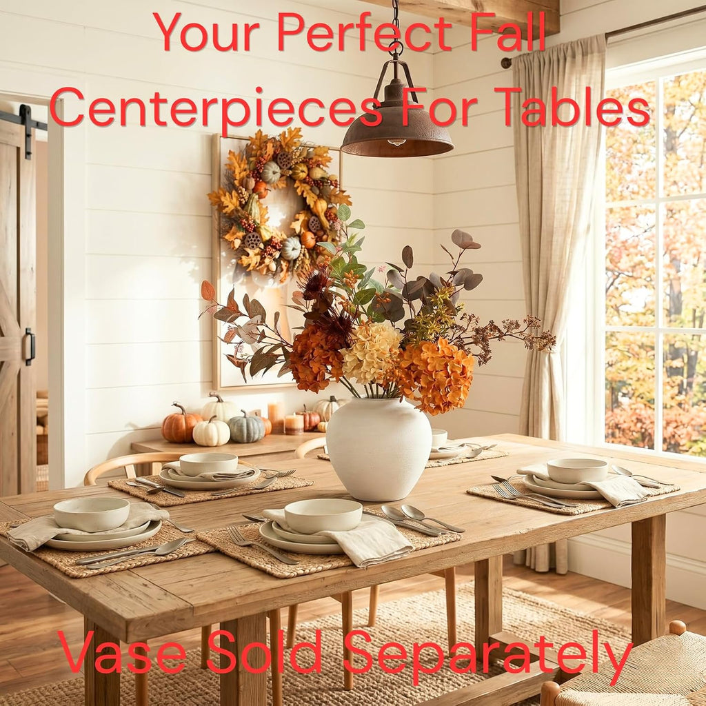 Faux Arrangement - Burnt Orange Hydrangea & Eucalyptus Stems, Fall Centerpieces for Tables, Large Floral Arrangement