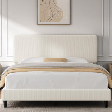 Full Bed Frame with Adjustable Headboard, Chenille Fabric Upholstered Headboard/Platform Bed