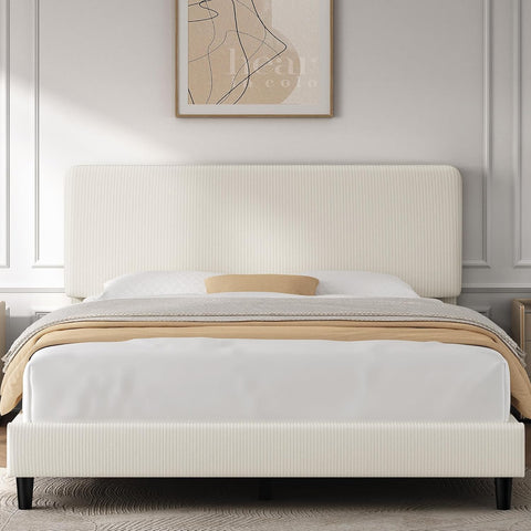 Full Bed Frame with Adjustable Headboard, Chenille Fabric Upholstered Headboard/Platform Bed