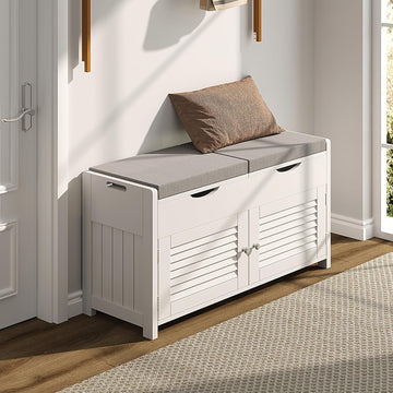 Shoe Storage Bench with Lift Top Storage, Entryway Bench with 2 Cushioned Seats, 3 Compartments, Adjustable Shelf
