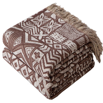 Boho Throw Blanket, Soft Cozy Cotton Muslin Quilt Blanket for Bed Decor, Patchwork Block Couch Sofa Chair