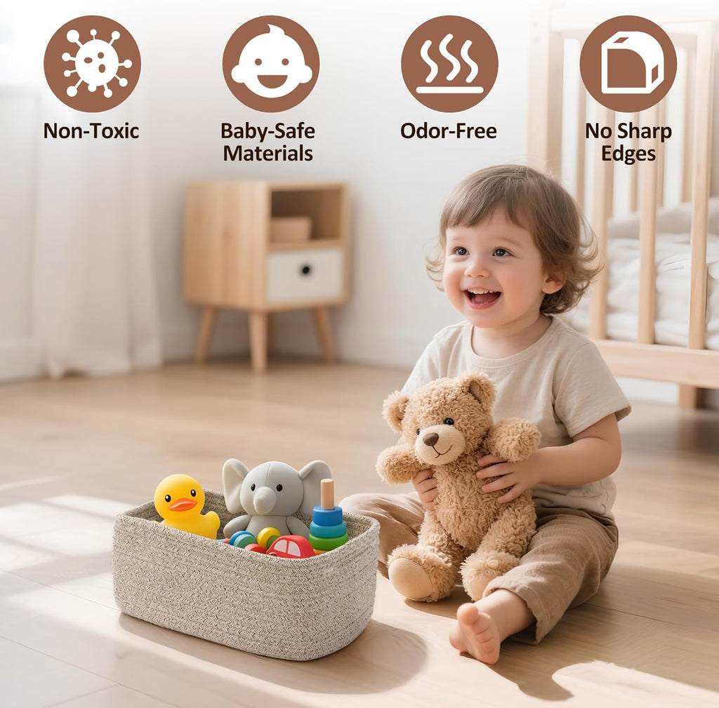 5-Pack Small Woven Rope Storage Baskets, 2 Sizes Organizer Bins | Fabric Cube Boxes and Rectangular Shallow Bins for