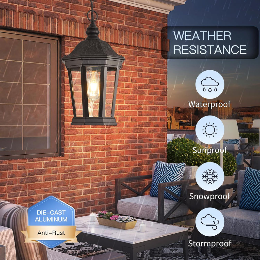 Large Outdoor Pendant Light Fixtures, 17.9" H Black Exterior Hanging Lantern Lights