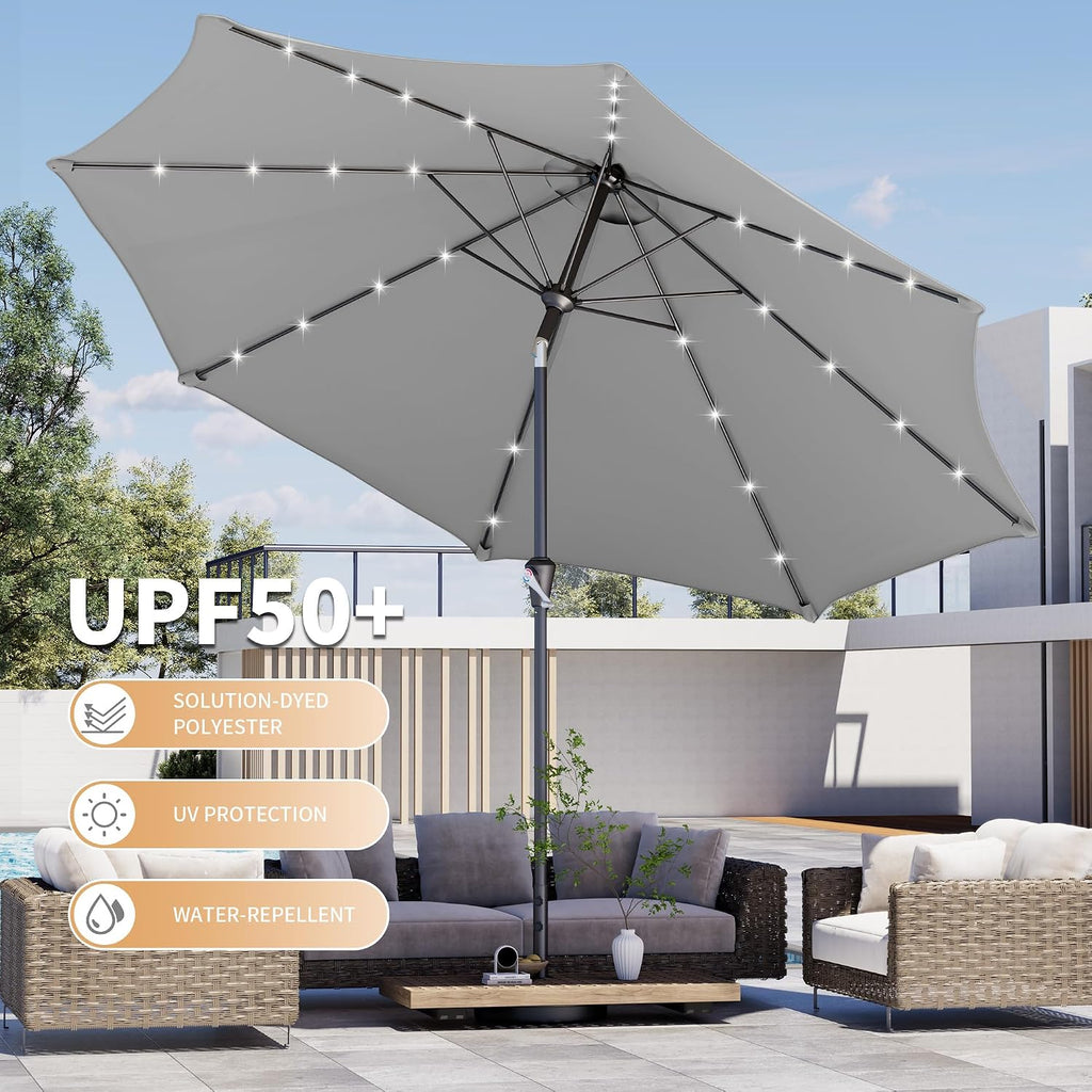 9FT Outdoor Patio Umbrella with Solar Lights, Market Table Umbrella with Push Button Tilt & Crank, 8 Sturdy Ribs