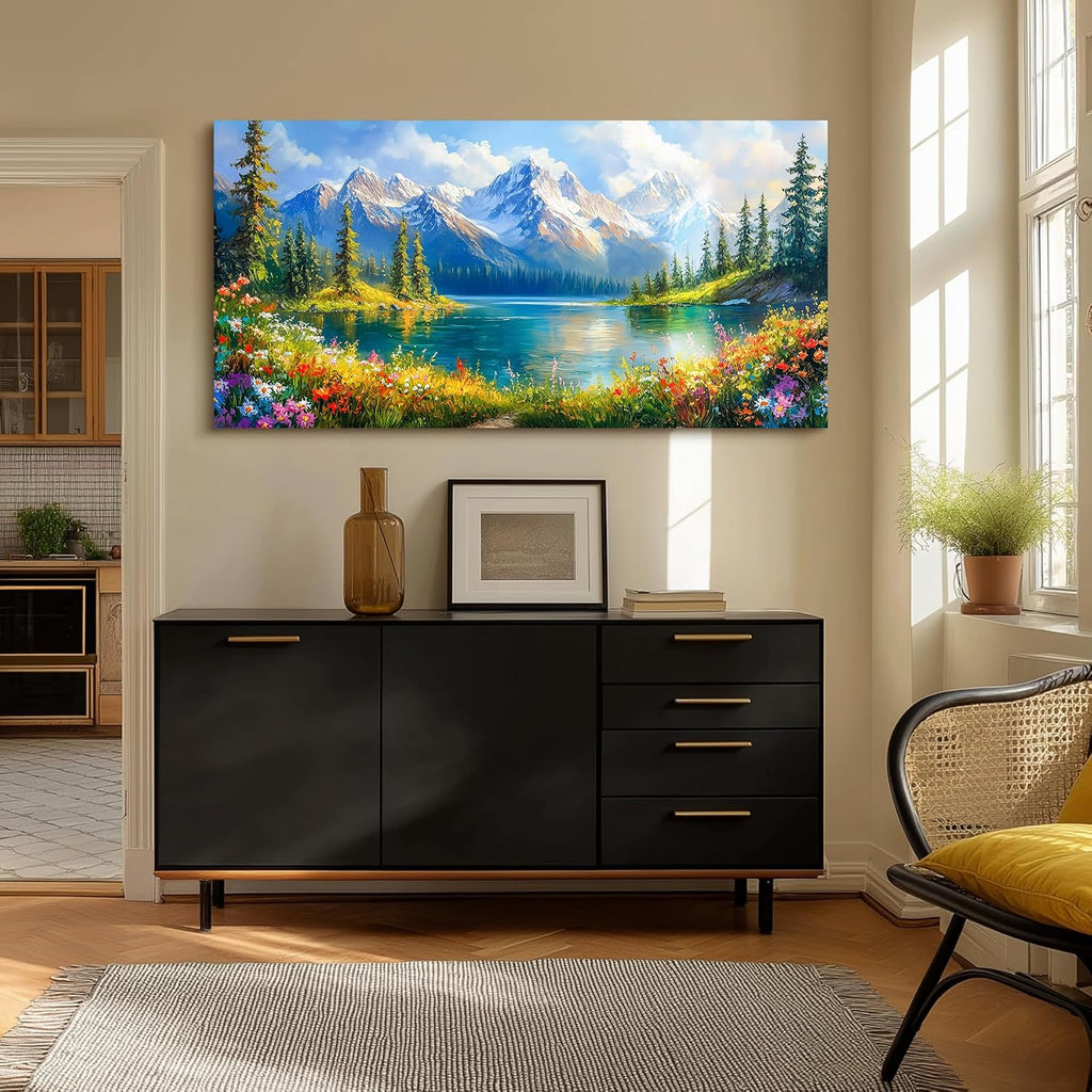 Lake Landscape Wall Art, Snow Mountain Forest Extra Large Artwork, Nature Yosemite Sunny Paintings, Wildflower