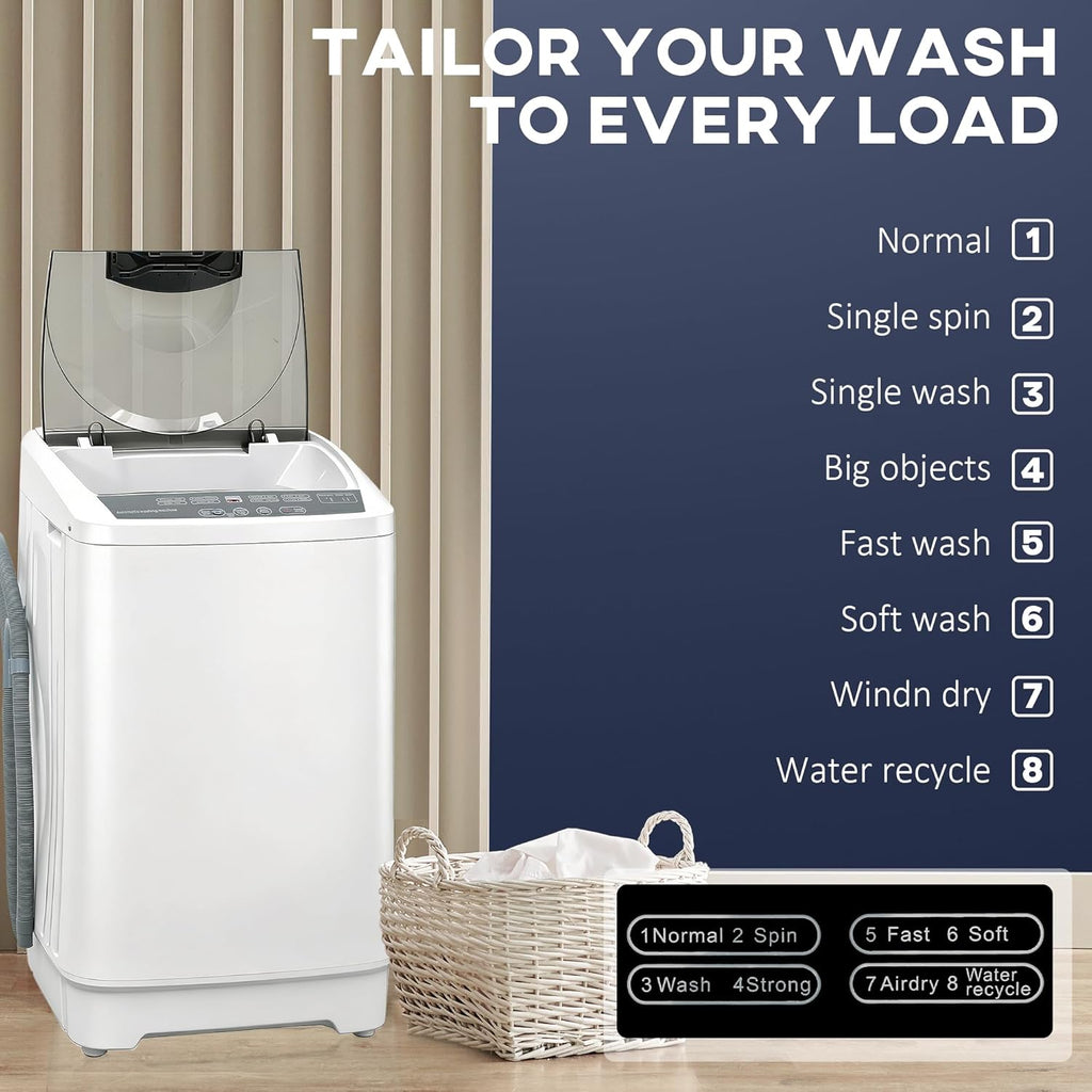 Portable Washing Machine, 1.3 Cu. Ft. Compact Washer with 8 Programs, 6 Water Levels, LED Display, Child Lock, Drain