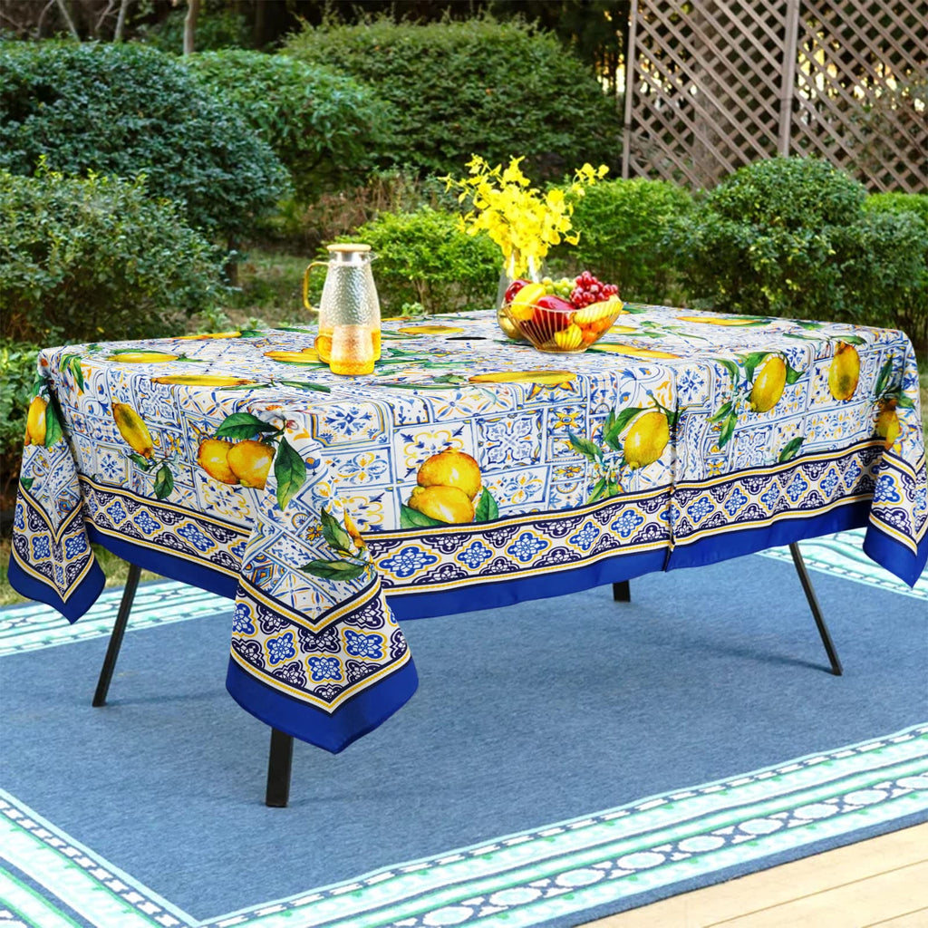 Blue Outdoor Tablecloth with Umbrella Hole for Rectangle Table, Waterproof Lemon Patio Table Cloth with Zipper - 60 x
