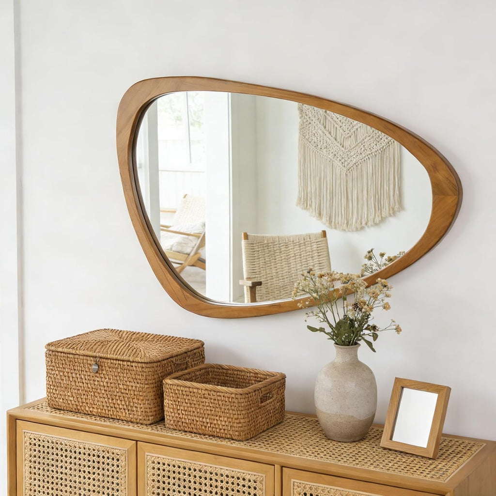 Irregular Wall Mirror Asymmetrical Bathroom Mirror, 19 x 30 Inch Wall Mounted Decorative Mirror with Wooden Frame
