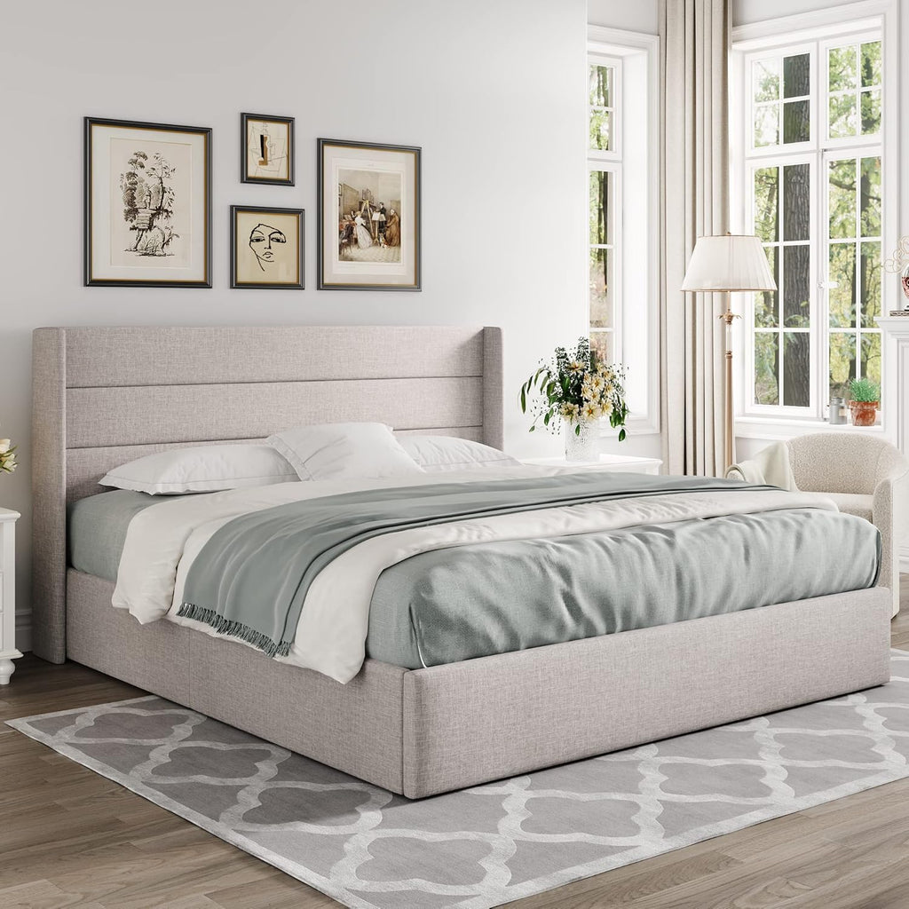 King Lift Up Storage Bed, Modern Wingback Headboard, Hydraulic Support, No Box Spring Needed, Light Beige