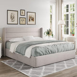 King Lift Up Storage Bed, Modern Wingback Headboard, Hydraulic Support, No Box Spring Needed, Light Beige