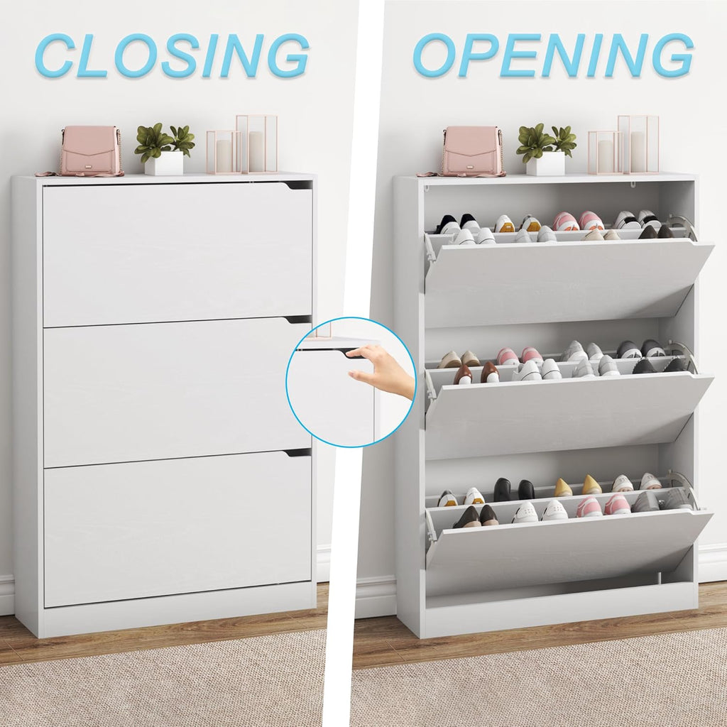 Shoe Cabinet with 3 Flip Drawers, Hidden Wood Shoe Cabinet,Freestanding Shoe Storage Cabinet Hallway.White. 47.2"