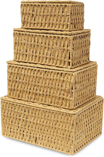 Woven Stackable Storage Baskets with Lid, Decorative Rope Organizer Bin - Set of 4 (4 Sizes), Beige (No Liner)
